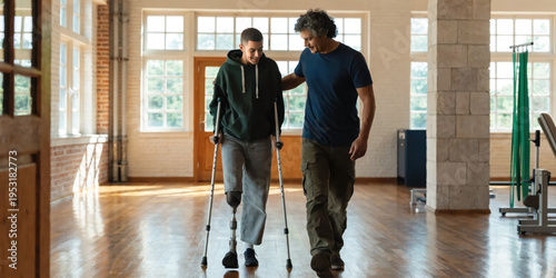 Rehabilitation center scene showing patient with prosthetic leg walking with therapist support highlighting recovery progress and medical care