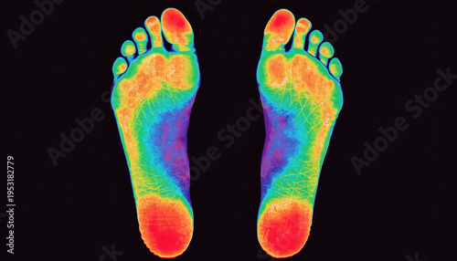 Infrared thermography scan showing heat distribution on human feet used for medical analysis diagnostics and health monitoring purposes
