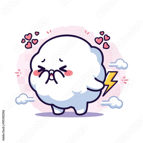 Cute Cloud Character Farting Lightning Bolt, Love Hearts. Kawaii Weather Icon.