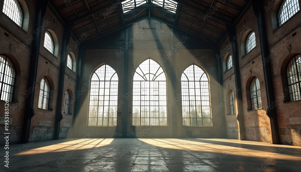 Fototapeta premium Vast industrial hall interior with tall arched windows. Sunlight streams through creating long shadows on stone floor. Brick walls show aged patina, steel beams support roof structure.