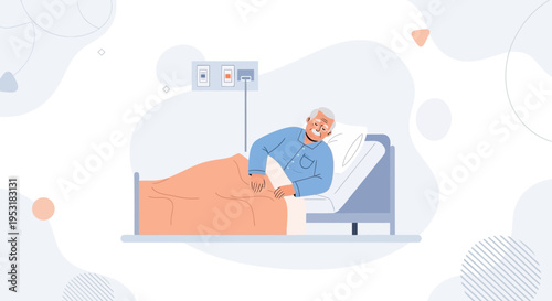 Elderly man recovering in hospital bed, smiling, medical care, healthcare concept