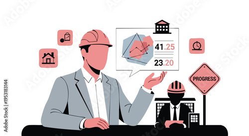 Construction Manager Analyzing Project Progress. Architecture Blueprint and Data Visualization.
