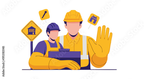 Construction Workers. Safety First. Teamwork. Industry. Flat Design.