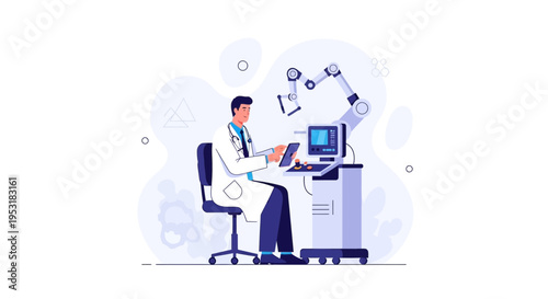 Doctor uses tablet with robotic arm and medical equipment, futuristic healthcare concept