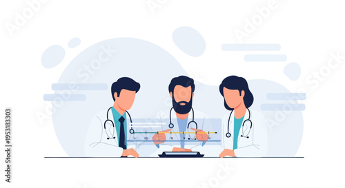 Doctors collaborating on medical data analysis with futuristic interface