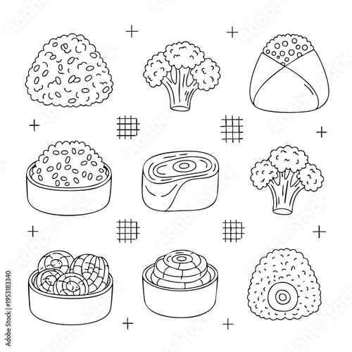 Japanese Food Icons. Sushi, Onigiri, Broccoli. Doodle Style.