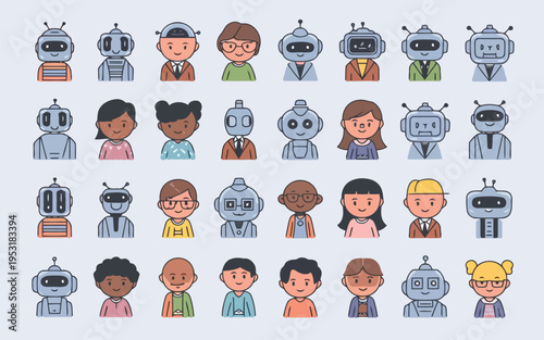 Diverse cartoon characters blending human and robot features in playful style Vector