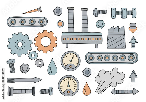 Industrial Elements Collection. Factory, Gears, Tools, and Gauges. Doodle Style.