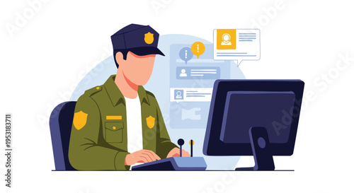 Security Guard Working at Computer. Surveillance Officer. Digital Monitoring.