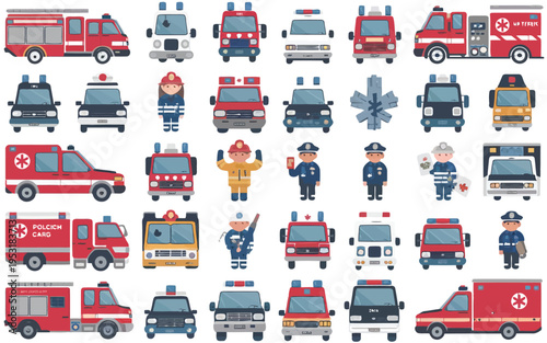 Colorful illustration of various emergency and service vehicles with personnel Vector