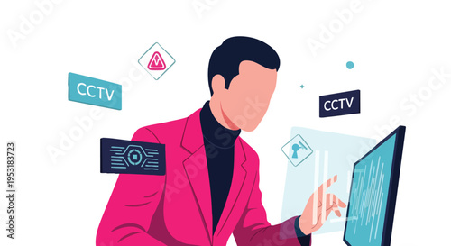 Man in Pink Jacket Analyzing Data on Futuristic Screen with CCTV Icons