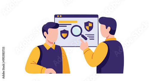 Cybersecurity Analysis. Two professionals examining digital security shields on a screen.