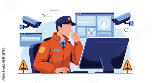 Security Guard Monitoring Surveillance System. Digital Security Concept.