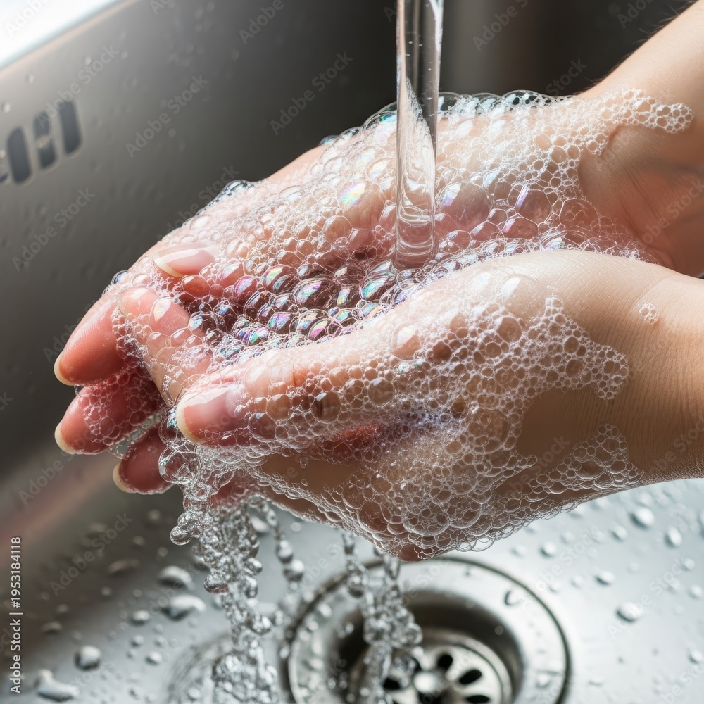 Fototapeta premium Soap bubbles cover hands being rinsed under a water stream in a stainless steel sink, representing clinical hygiene and safety protocols, fresh, procedure, sink