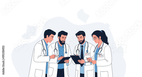 Diverse medical team collaborating on patient care, discussing charts and reports.