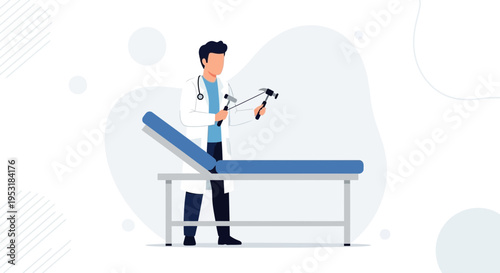 Doctor holding reflex hammers in examination room with medical couch