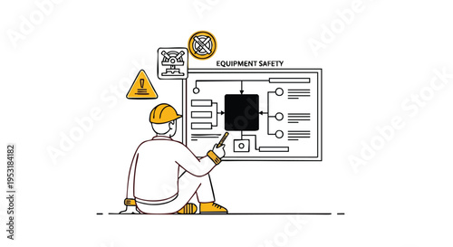 Equipment Safety Plan. Industrial Safety Concept. Illustration Style. Line Art. Workflow Diagram.