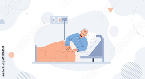 Elderly man recovering in hospital bed, smiling, medical care, healthcare concept