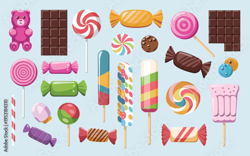 Assorted colorful candies and chocolates in vibrant packaging Vector