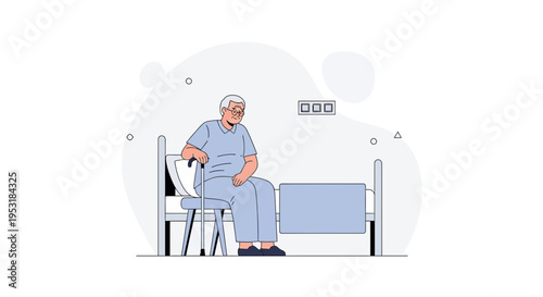 Elderly Man Sitting on Bed in Hospital Room with Cane, Illustration