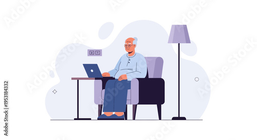 Elderly man sitting in armchair using laptop, modern interior, lifestyle illustration