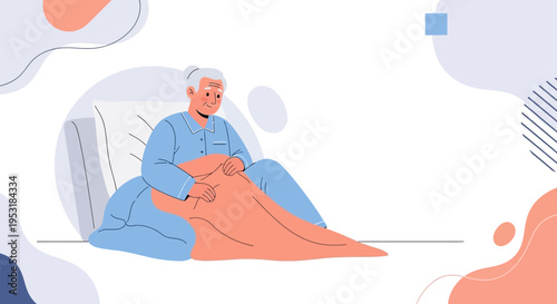Elderly Woman in Pajamas Sitting on Bed, Wrapped in Blanket, Looking Sad
