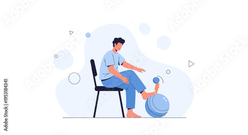 Man doing physical therapy with a ball for leg rehabilitation, seated on a chair.