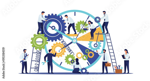 Vector illustration of 8 people working on large gear clock