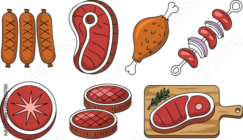 Collection of meat cuts including steak sausage chicken and kebab arranged as butcher food icons minimal outline vector illustration set