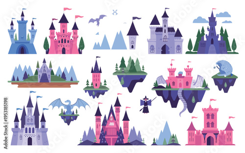 Whimsical collection of floating fantasy castles in a dreamy landscape setting Vector