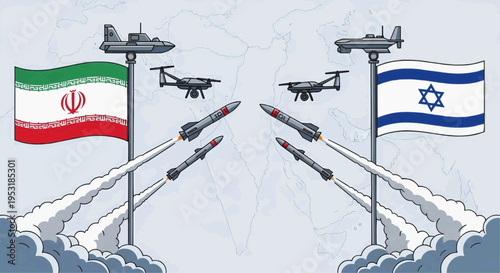 Iran and Israel flags with missiles and drones in mid-air confrontation