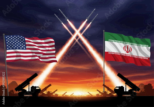 American and Iranian flags face off with missiles launching at sunset