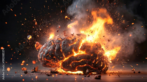 Human brain exploding with fire and sparks against dark background. Intense mental pressure and cognitive overload.