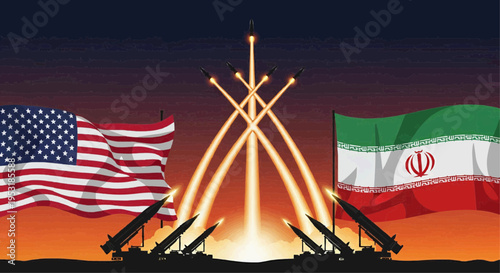American and Iranian flags face off with missiles launching at sunset