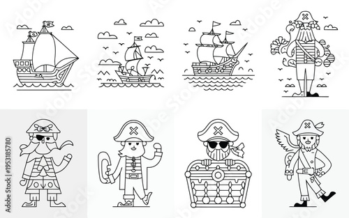 Whimsical illustrations of pirates and their adventurous maritime treasures Vector