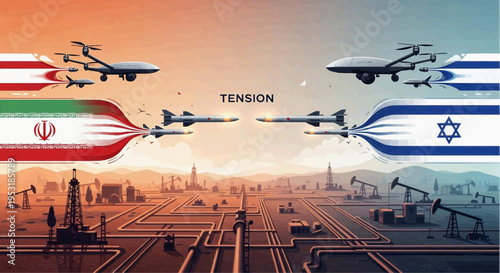 Drones from Iran and Israel hover over a tense industrial landscape with oil rigs and machinery.