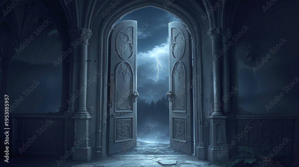 Obraz premium Gothic stone archway with open doors revealing lightning storm over forest. Dark mystical entrance to fantasy landscape at night.