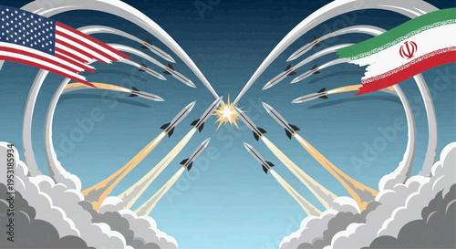 Rockets launch from clouds towards each other under American and Iranian flags.