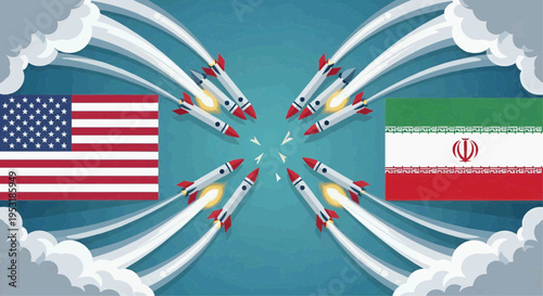 Rockets launch towards each other between American and Iranian flags in space
