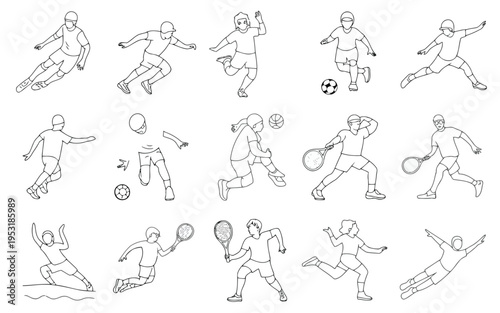 Various illustrations of athletes performing different sports actions and movements Vector