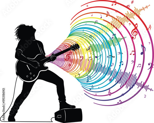 Vector Illustration of a Guitarist Playing with Rainbow Soundwaves and Music Notes for Music, Art, and Creative Design Projects