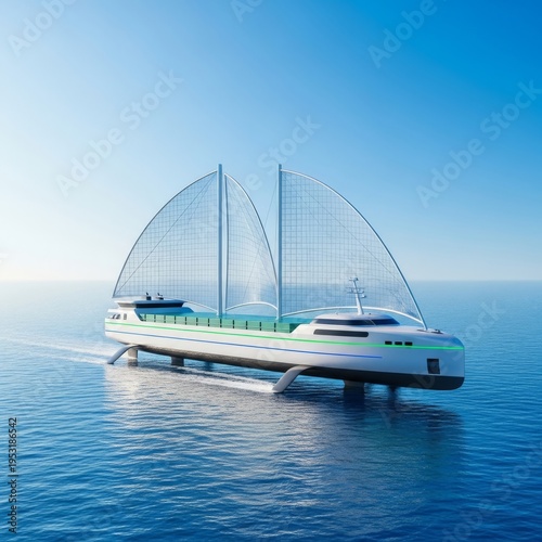 Futuristic eco-friendly cargo ship sailing across vast ocean under clear blue sky, symbolizing sustainable maritime transport, cargo, daylight, voyage