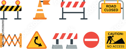 Set of road construction and warning barriers traffic safety equipment collection minimal outline vector illustration for transportation and repair signage