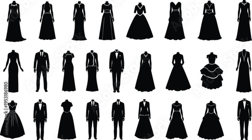 Formal Clothing Silhouette Vector Set Featuring Elegant Wedding Dresses and Men's Suits Isolated on White