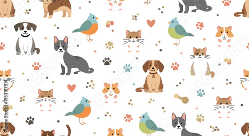 Cute pets seamless pattern with dogs cats birds and paw prints, adorable animal background for textile wrapping and nursery design vector illustration