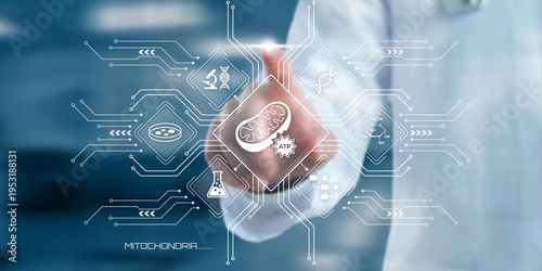 Foto Scientist touching a futuristic digital interface displaying scientific icons re