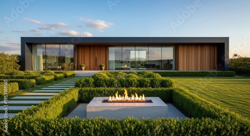 Modern Architectural Home With Outdoor Fire Pit And Lush Green Landscaping At Sunset