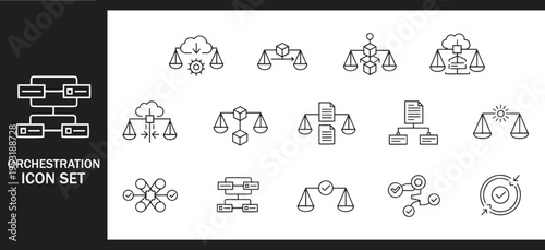 Cloud Orchestration Balance and Data Governance Workflow Icon Set