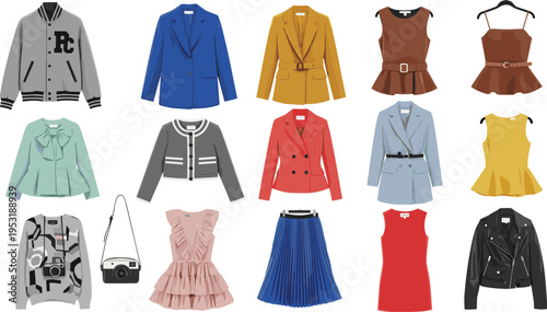 Modern women's fashion apparel and outerwear collection, flat vector illustration of stylish clothing and accessories.