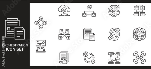 Cloud Orchestration and Data Management Workflow Linear Icon Set
